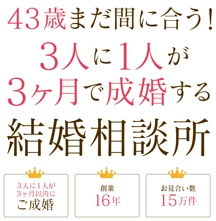 43歳、まだ間に合う！3人に1人が3ヶ月で成婚する結婚相談所